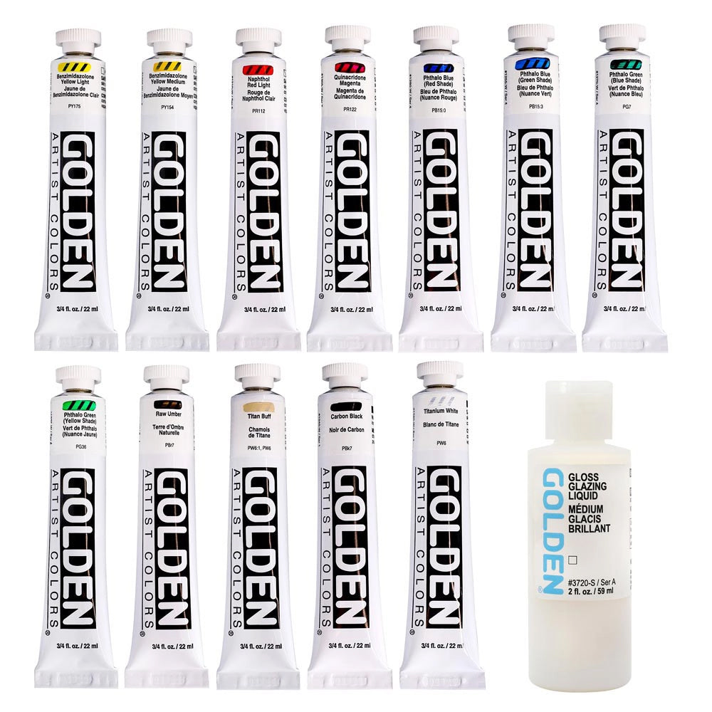 Golden Heavy Body Mixing Acrylic Paint Set, 12x22 ml + Glazing Liquid