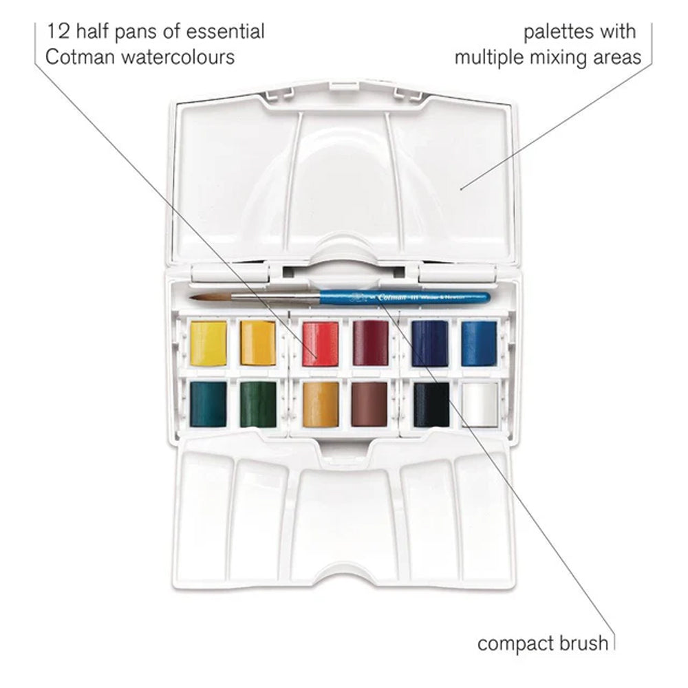 Winsor & Newton Cotman Watercolour Palette Pocket Set, 12 Half Pans