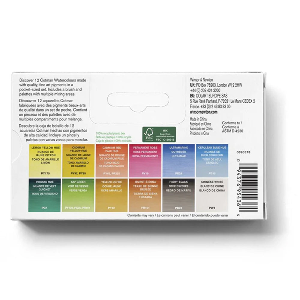 Winsor & Newton Cotman Watercolour Palette Pocket Set, 12 Half Pans