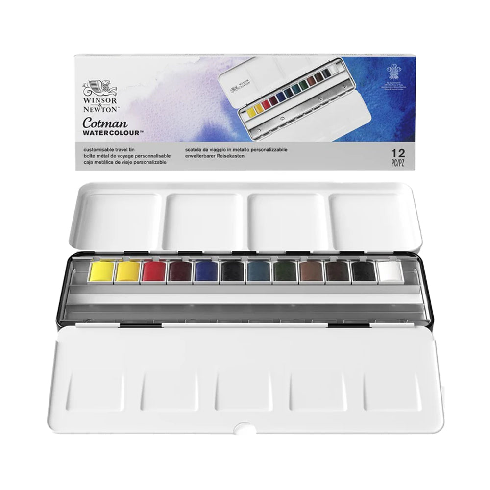 Winsor & Newton Cotman Watercolour Customisable Travel Tin, 12 Half Pans