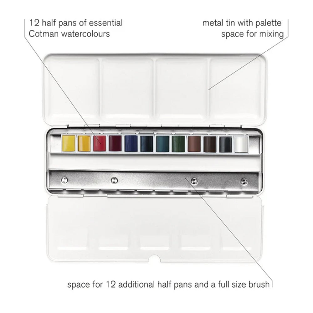 Winsor & Newton Cotman Watercolour Customisable Travel Tin, 12 Half Pans
