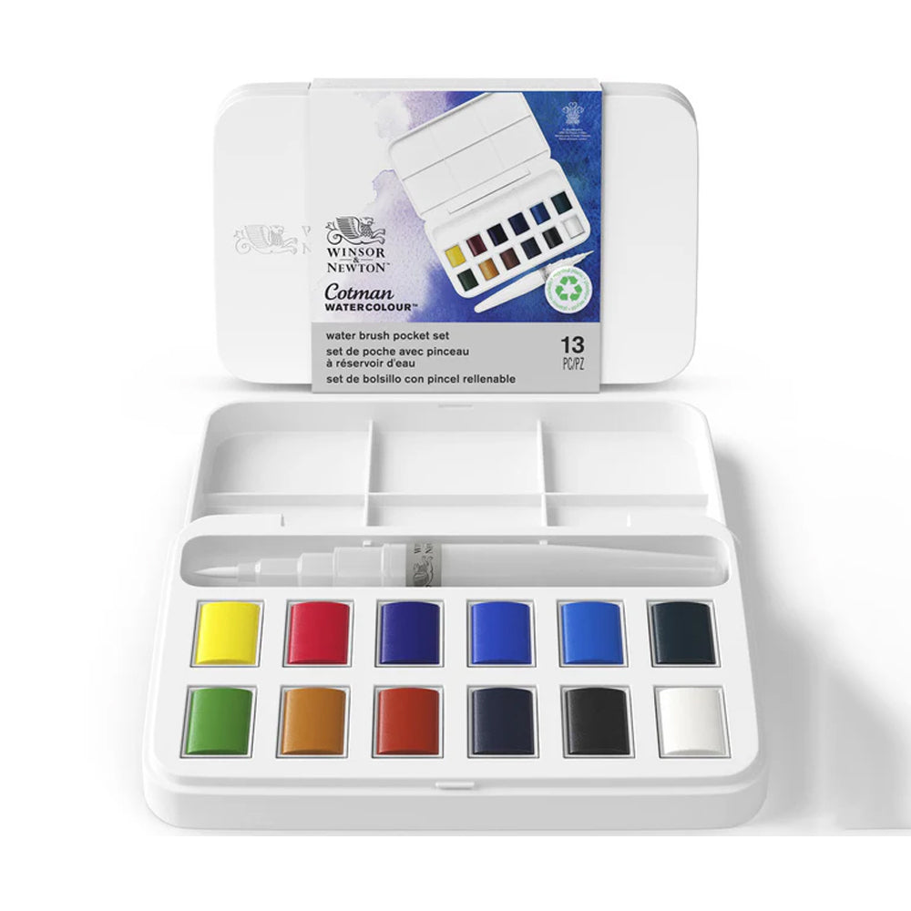 Winsor & Newton Cotman Watercolour Water Brush Pocket Set, 12 Half-Pans