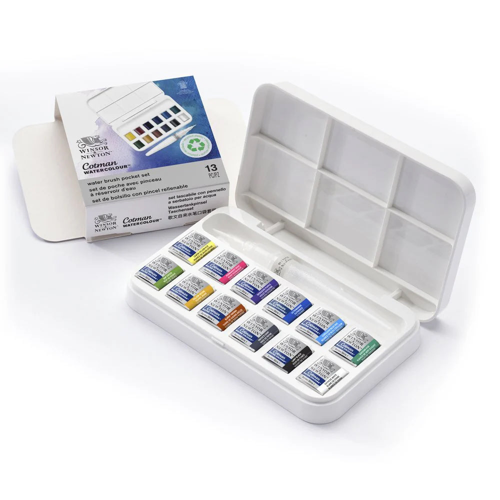 Winsor & Newton Cotman Watercolour Water Brush Pocket Set, 12 Half-Pans