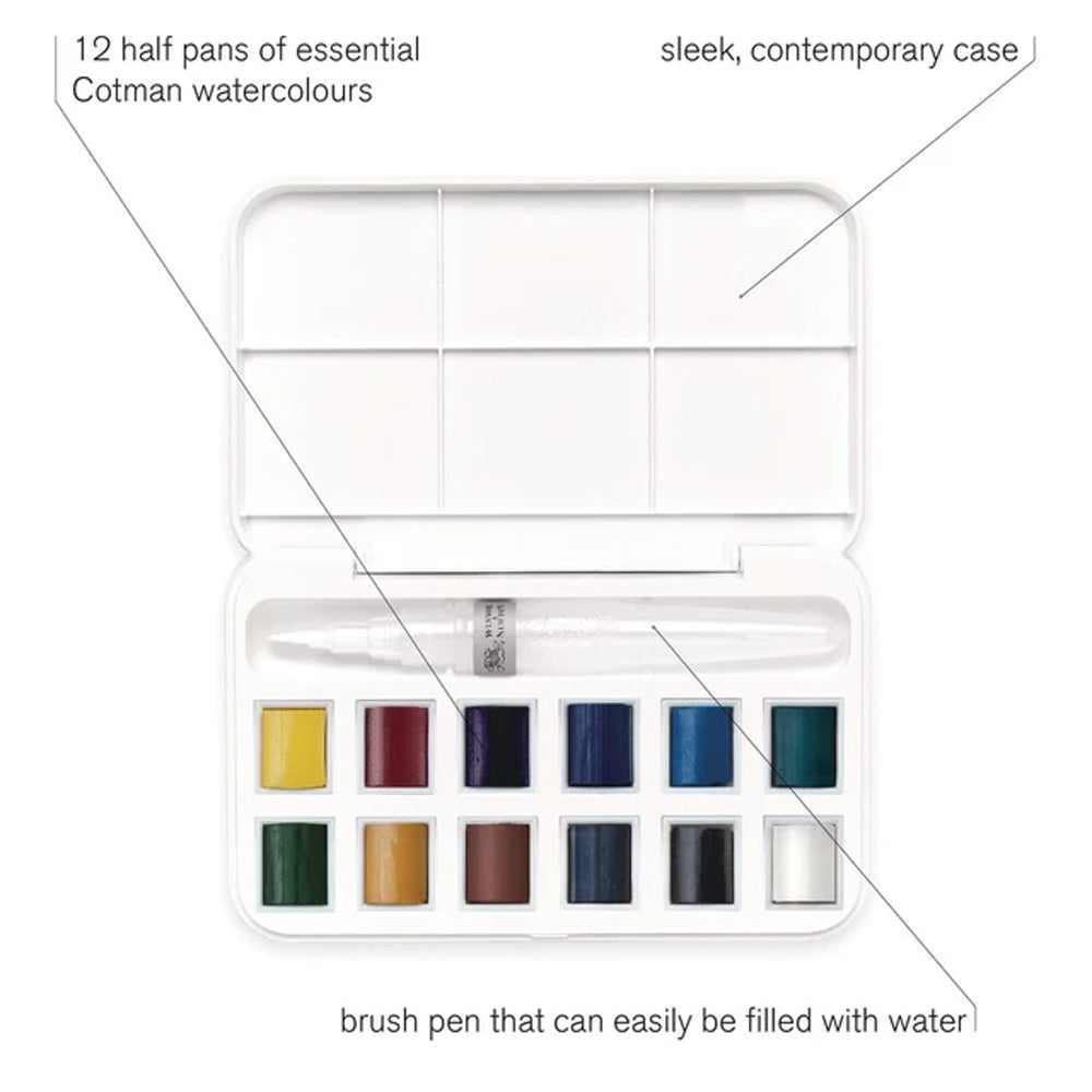 Winsor & Newton Cotman Watercolour Water Brush Pocket Set, 12 Half-Pans