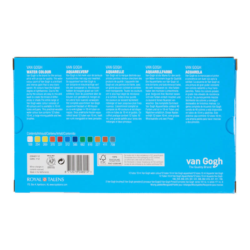 Van Gogh Watercolour Set in a Wooden Box, 12x10 ml + 3 Accessories