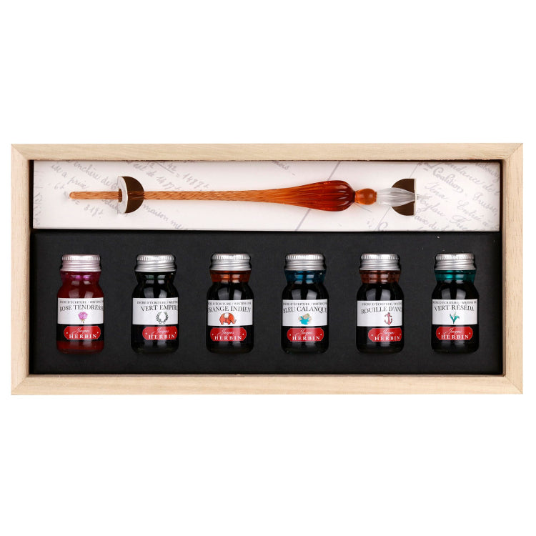 Jacques Herbin Glass Nib and Inks Set in a Wooden Box