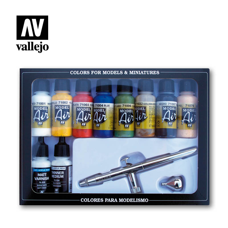 Vallejo Basic Colors Model Air Paint Set, 10x17 ml + Harder & Steenbeck Ultra Airbrush