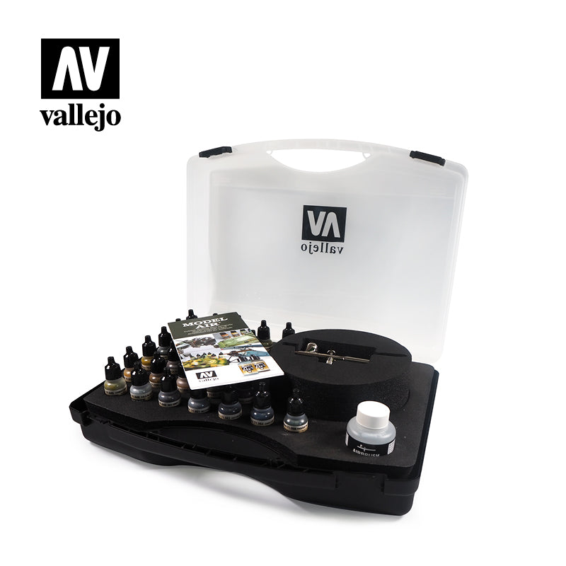 Vallejo Basic Colors Model Air Paint Set in a Plastic Case, 29x17 ml + Harder & Steenbeck Ultra Airbrush