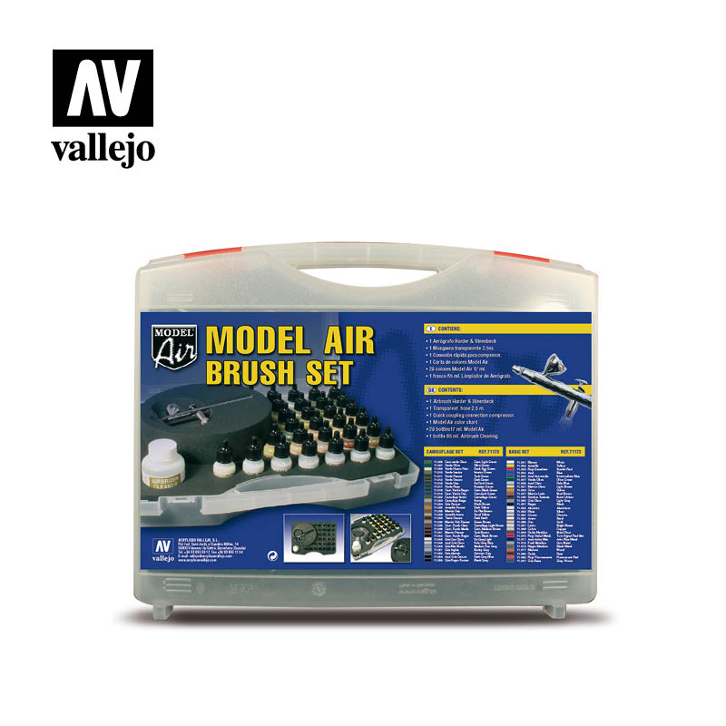 Vallejo Basic Colors Model Air Camouflage Paint Set in a Plastic Case, 29x17 ml + Harder & Steenbeck Ultra Airbrush