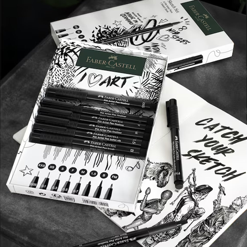 Faber-Castell Pitt Artist India Ink Pen Fineliners Set, 8 pcs. + Sketchbook