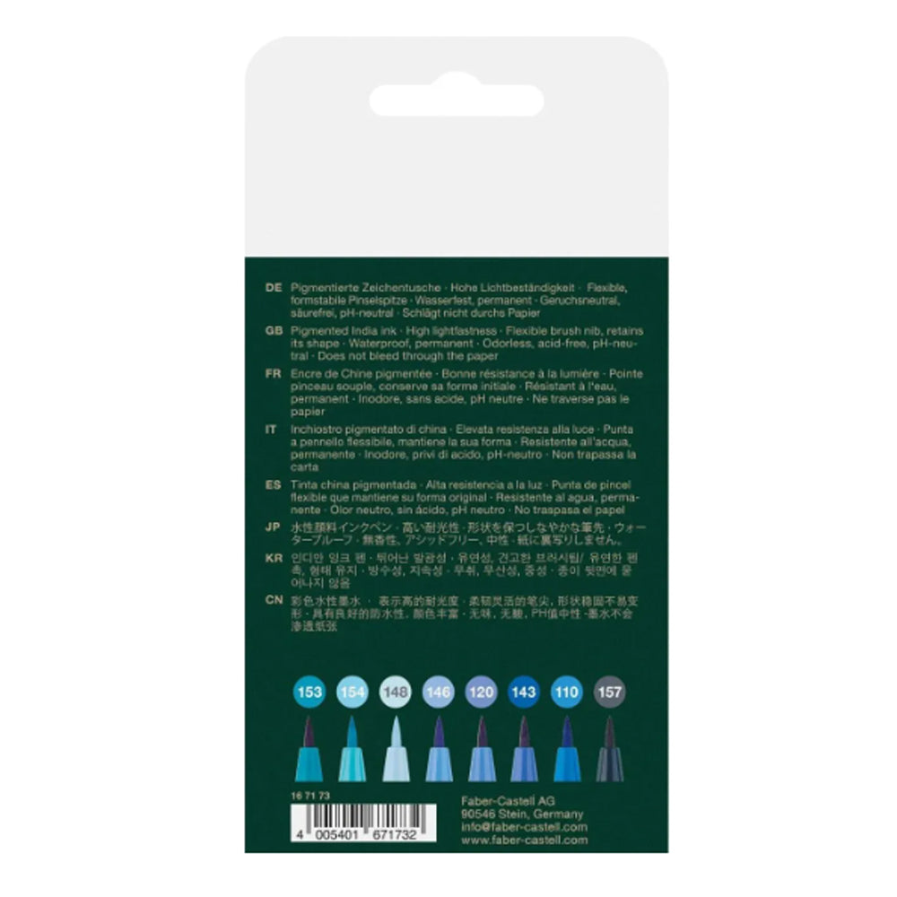 Faber-Castell Pitt Artist India Ink Brush Pen Set, 8 pcs., The Blues