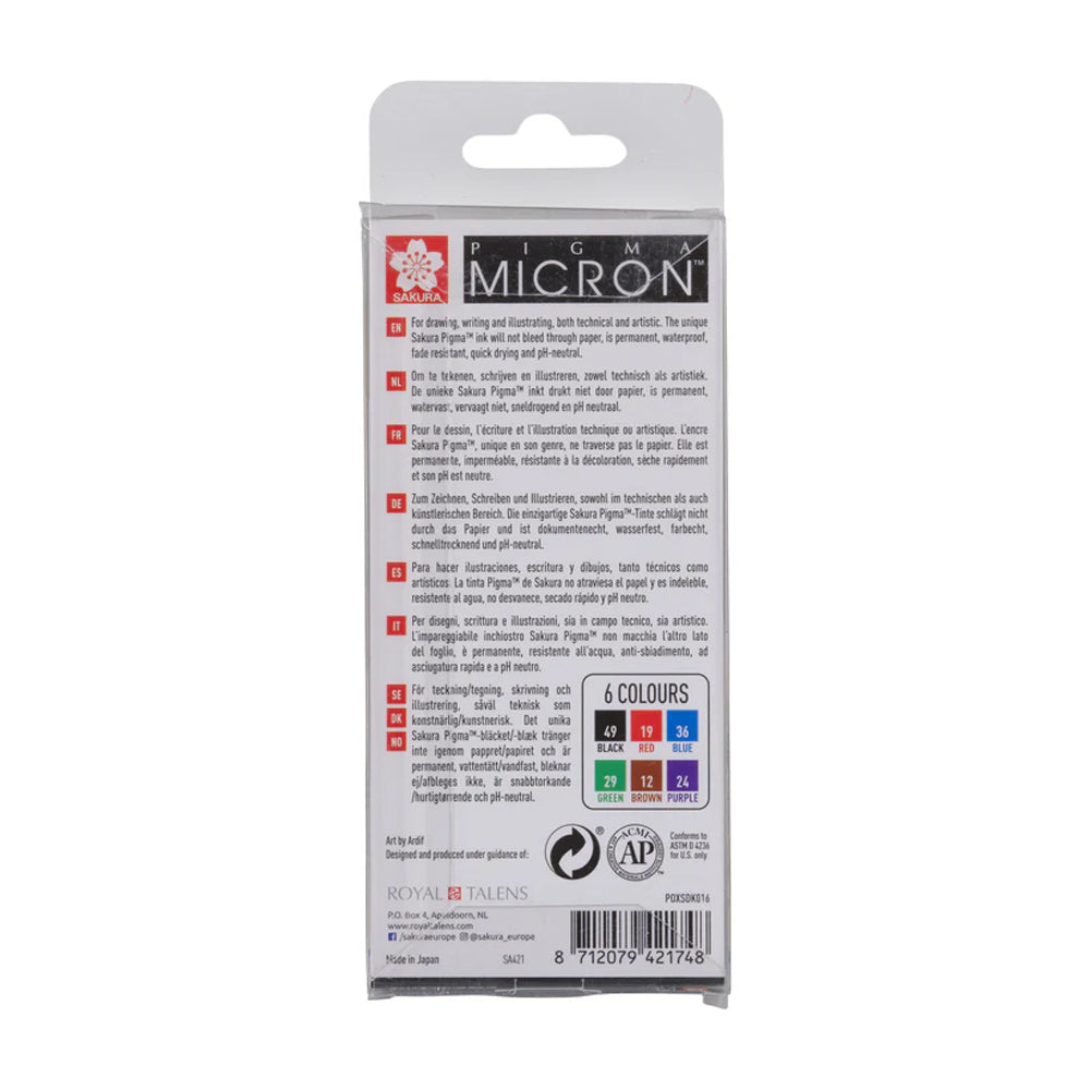 Sakura Pigma Micron 01 tušinukų rinkinys, 6 spalvos