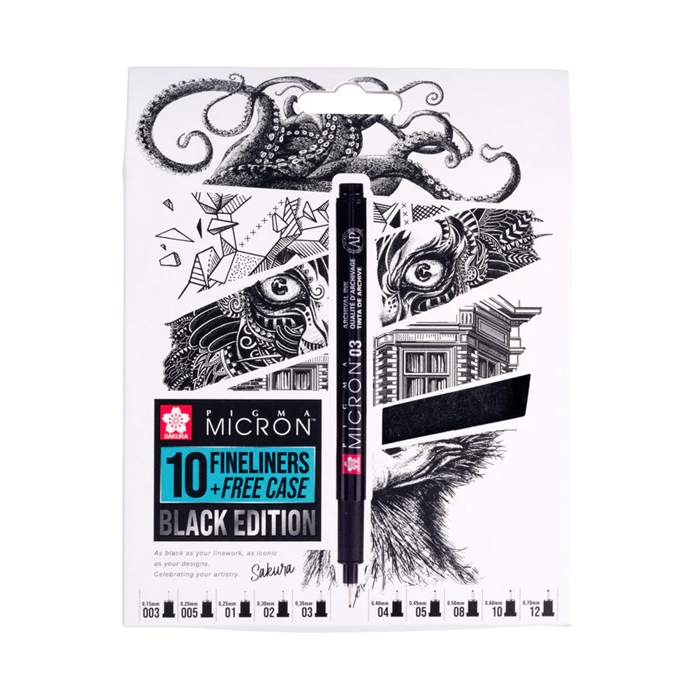 Sakura Pigma Micron Black Edition Set, 10 Pens + Pen Case