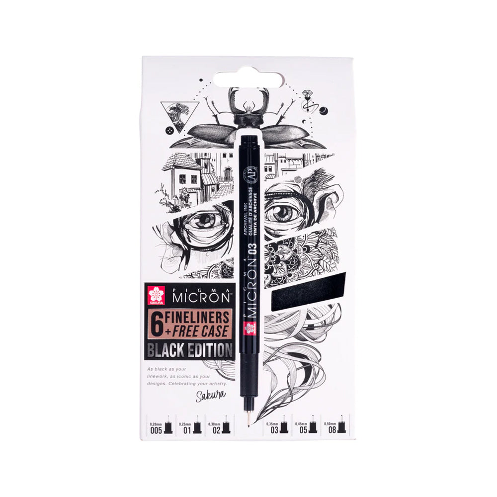 Sakura Pigma Micron Black Edition Set, 6 Pens + Pen Case