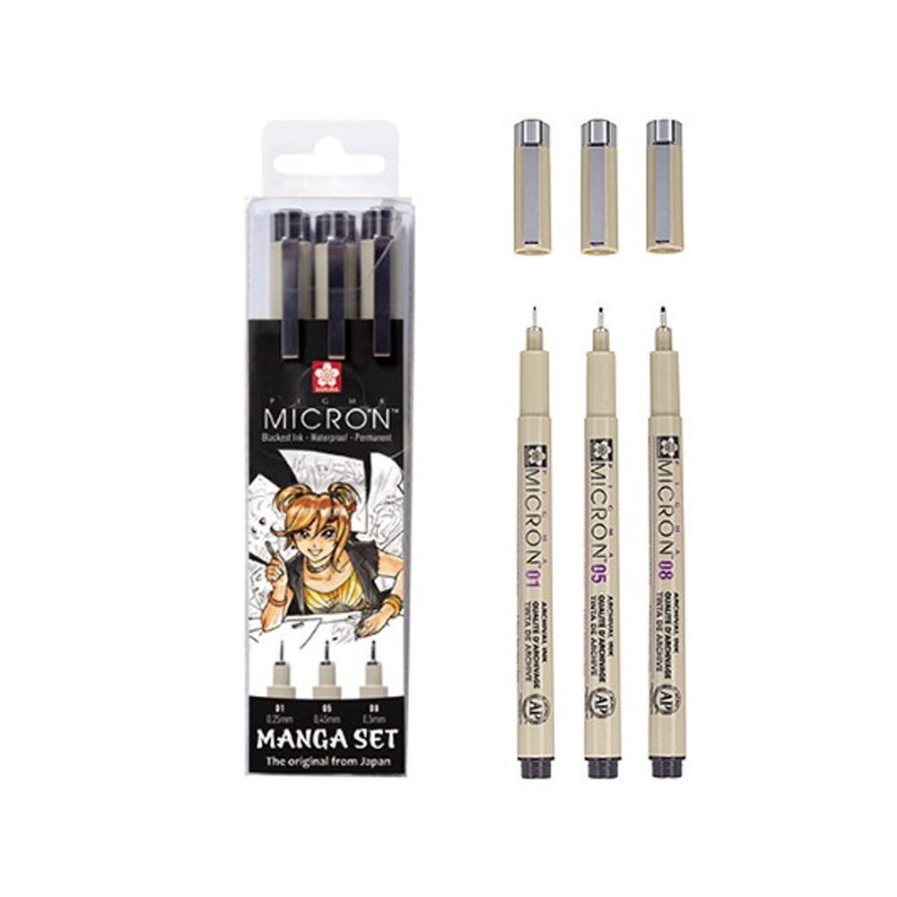 Sakura Pigma Micron Fineliner Set Manga, 3 Pens