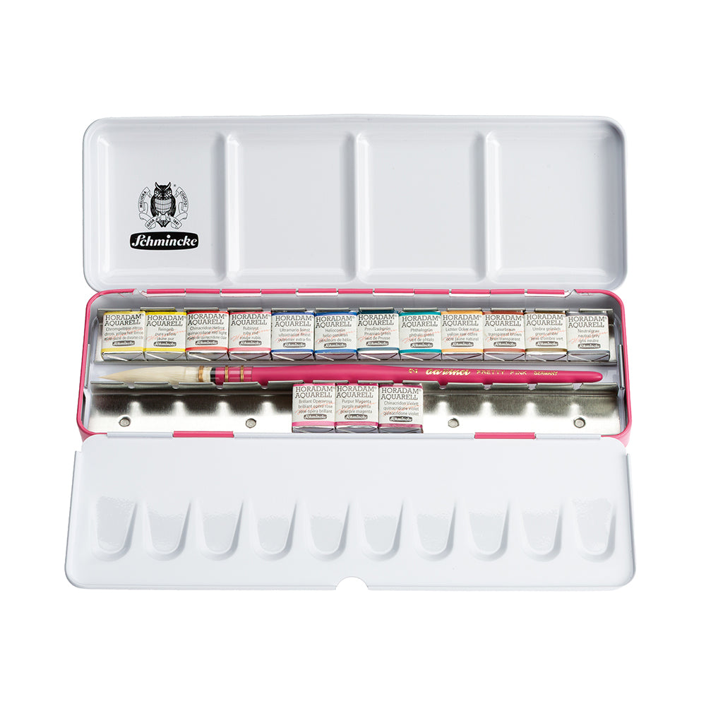 Schmincke Horadam Pretty Pink Watercolor Set in a Metal Box, 15 Colours, Half-Pan + Brush