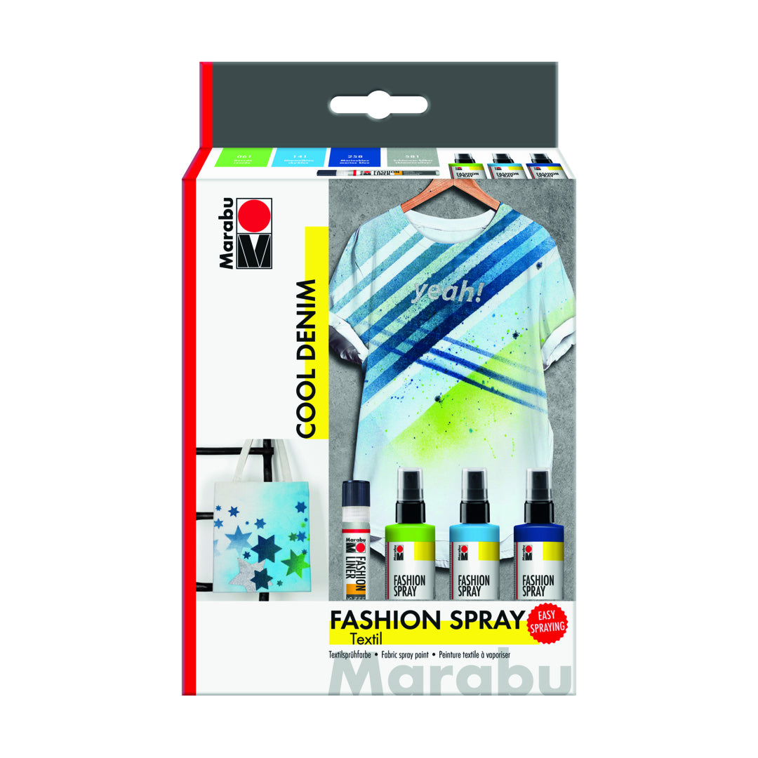 Marabu Fashion Spray COOL DENIM purškiamų audinių dažų rinkinys, 3x100 ml, 1x25 ml