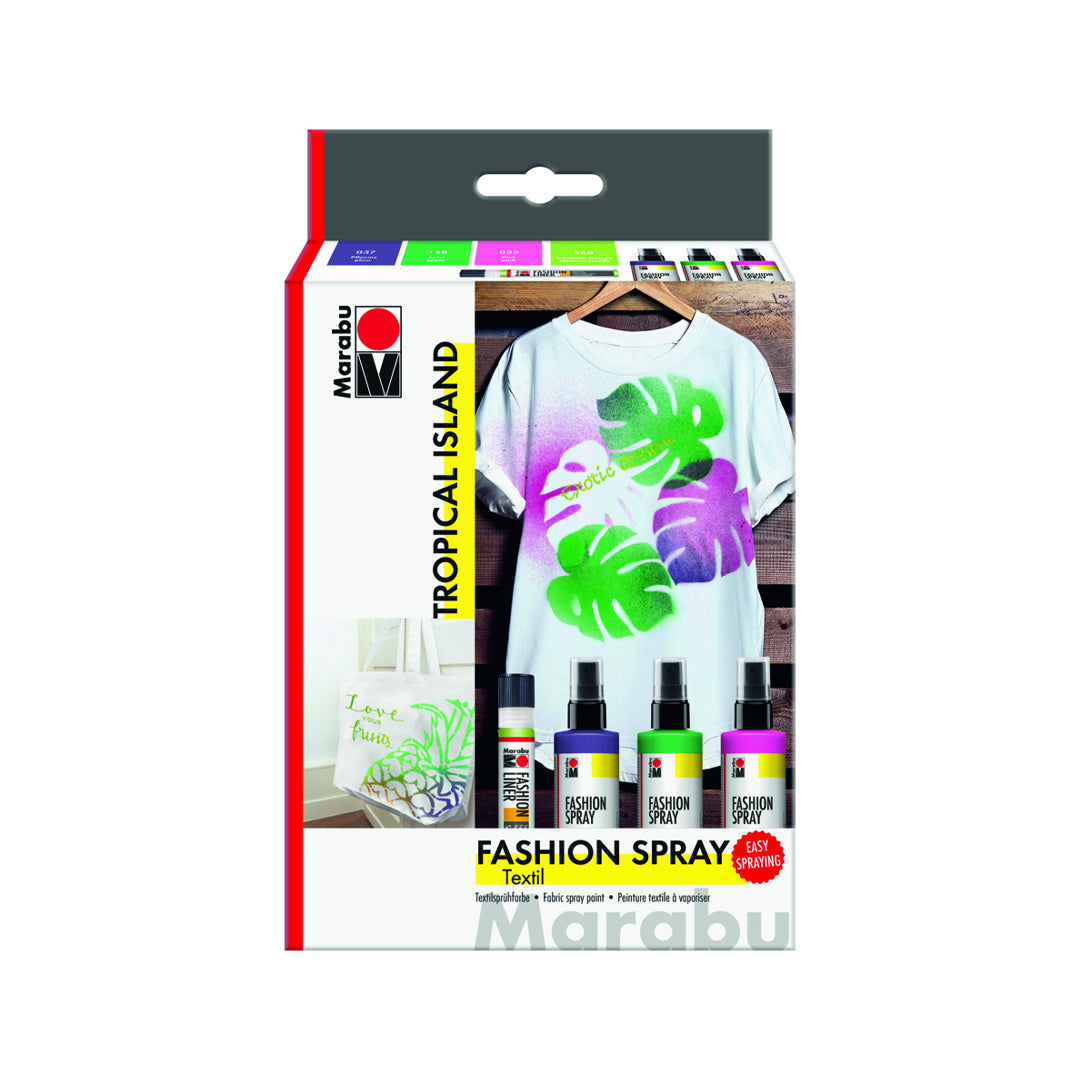 Marabu Fashion Spray TROPICAL ISLAND purškiamų audinių dažų rinkinys, 3x100 ml, 1x25 ml