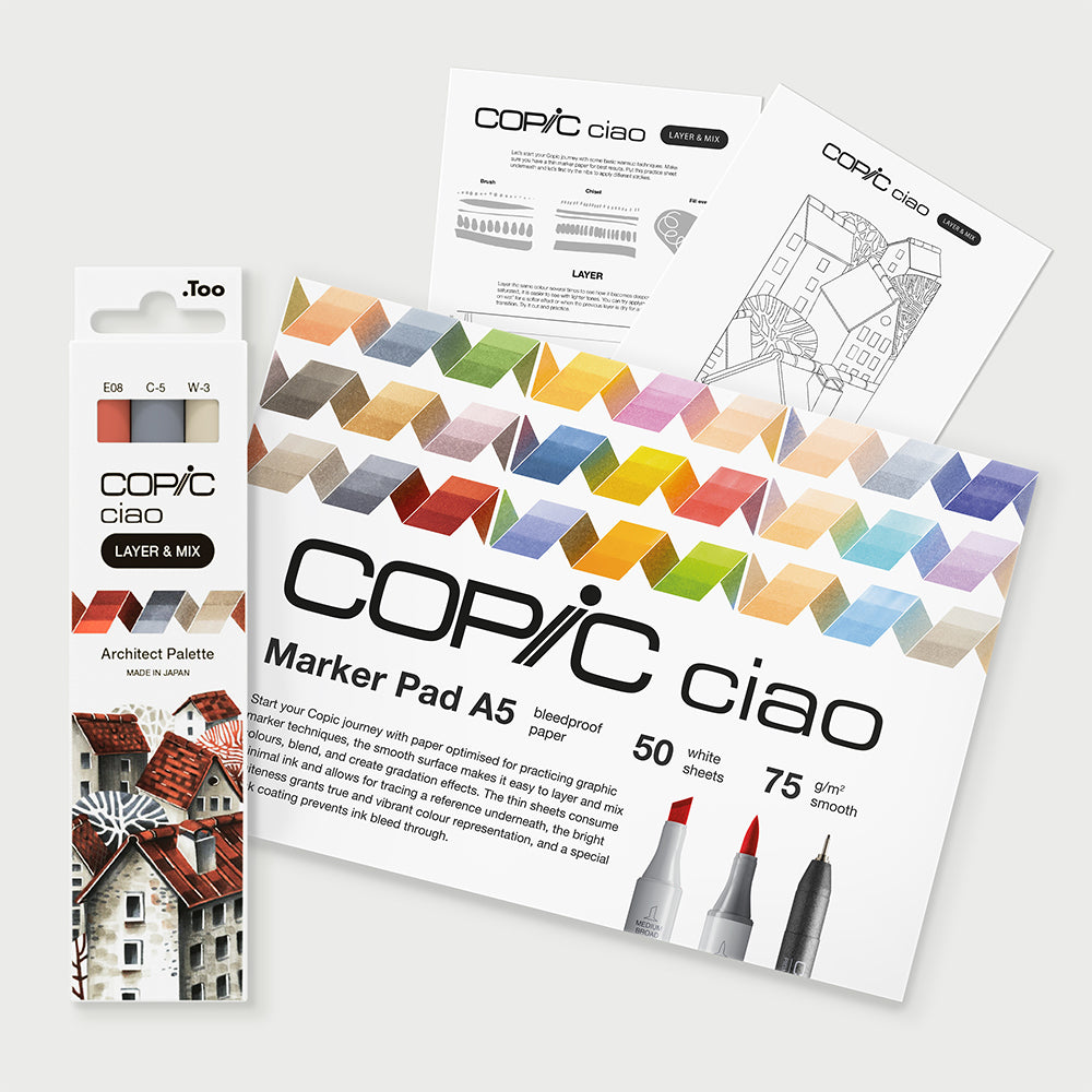 Copic Ciao Layer & Mix Architect markerių ir popieriaus rinkinys pradedantiesiems