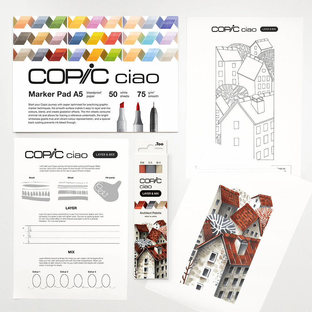 Copic Ciao Layer & Mix Architect markerių ir popieriaus rinkinys pradedantiesiems