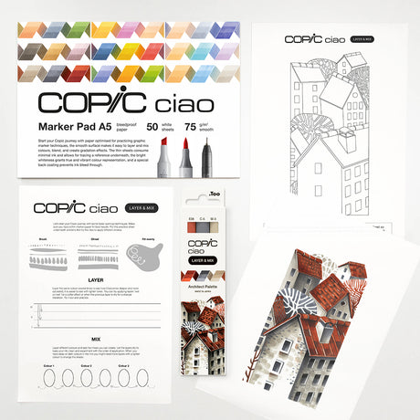 Copic Ciao Layer & Mix Architect markerių ir popieriaus rinkinys pradedantiesiems