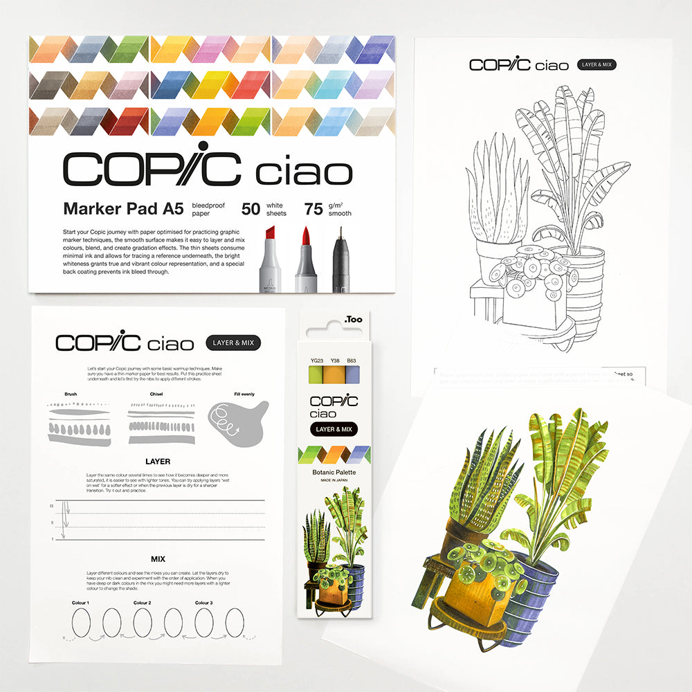 Copic Ciao Layer & Mix Botanic markerių ir popieriaus rinkinys pradedantiesiems