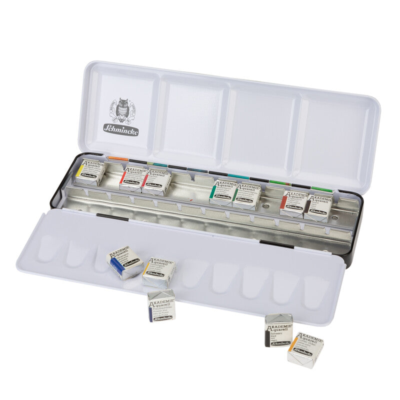 Schmincke Akademie Watercolour Set, 12 Colours, Half-Pan + 12 Empty Pans