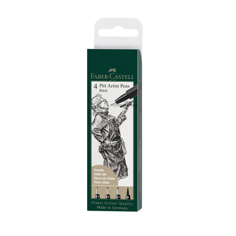 Faber-Castell Pitt Artist India Ink rašiklių piešimui rinkinys, 4 vnt., juodos spalvos, S, F, M, B