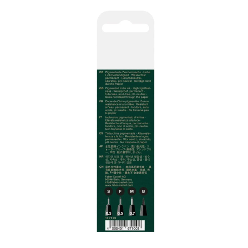 Faber-Castell Pitt Artist India Ink rašiklių piešimui rinkinys, 4 vnt., juodos spalvos, S, F, M, B