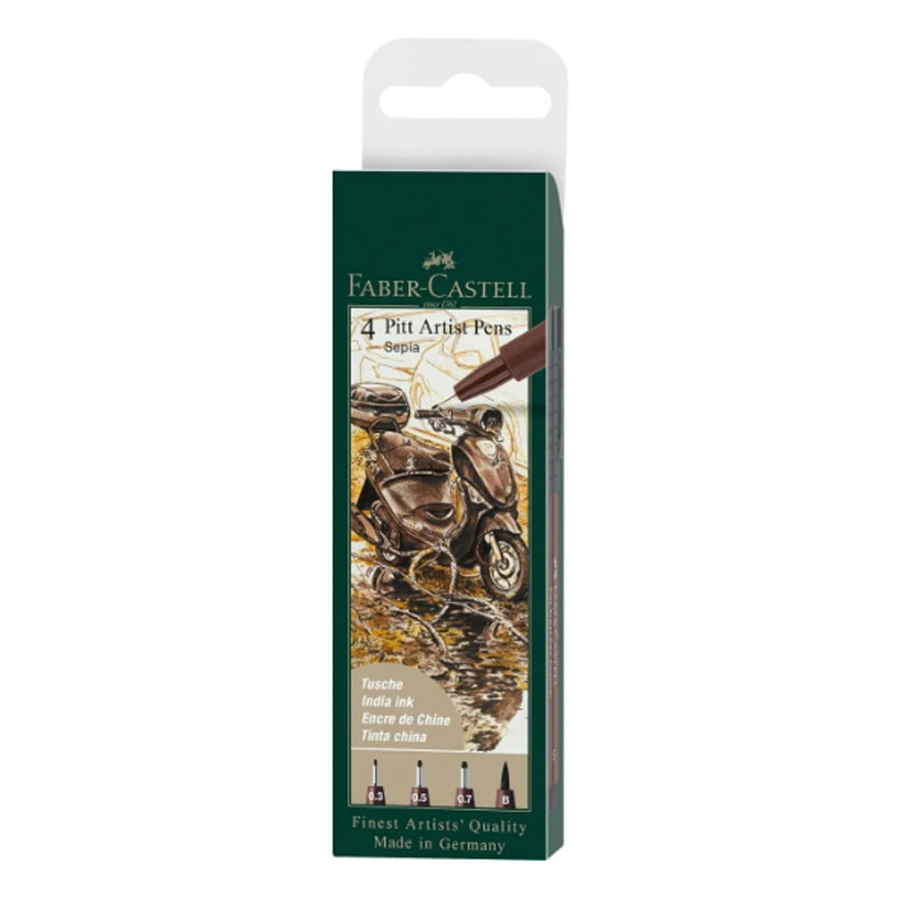 Faber-Castell Pitt Artist India Ink rašiklių piešimui rinkinys, 4 vnt., tamsios sepijos spalvos
