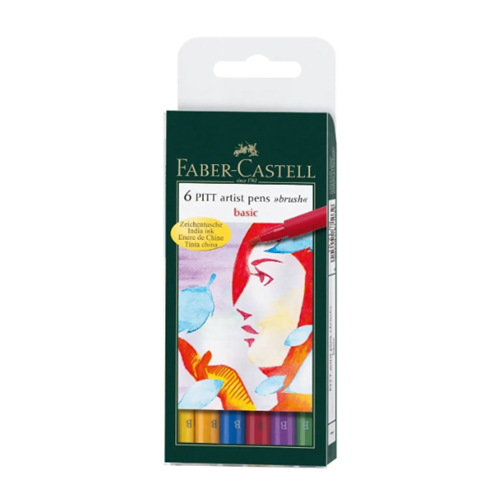 Faber-Castell Pitt Artist India Ink Basic teptukinių rašiklių piešimui rinkinys, 6 vnt., įvairių spalvų