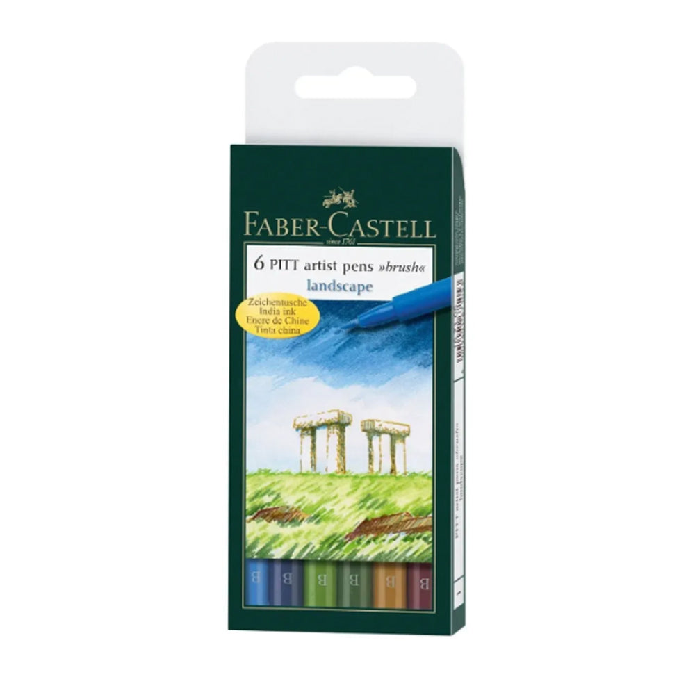 Faber-Castell Pitt Artist India Ink Landscape teptukinių rašiklių piešimui rinkinys, 6 vnt., įvairių spalvų