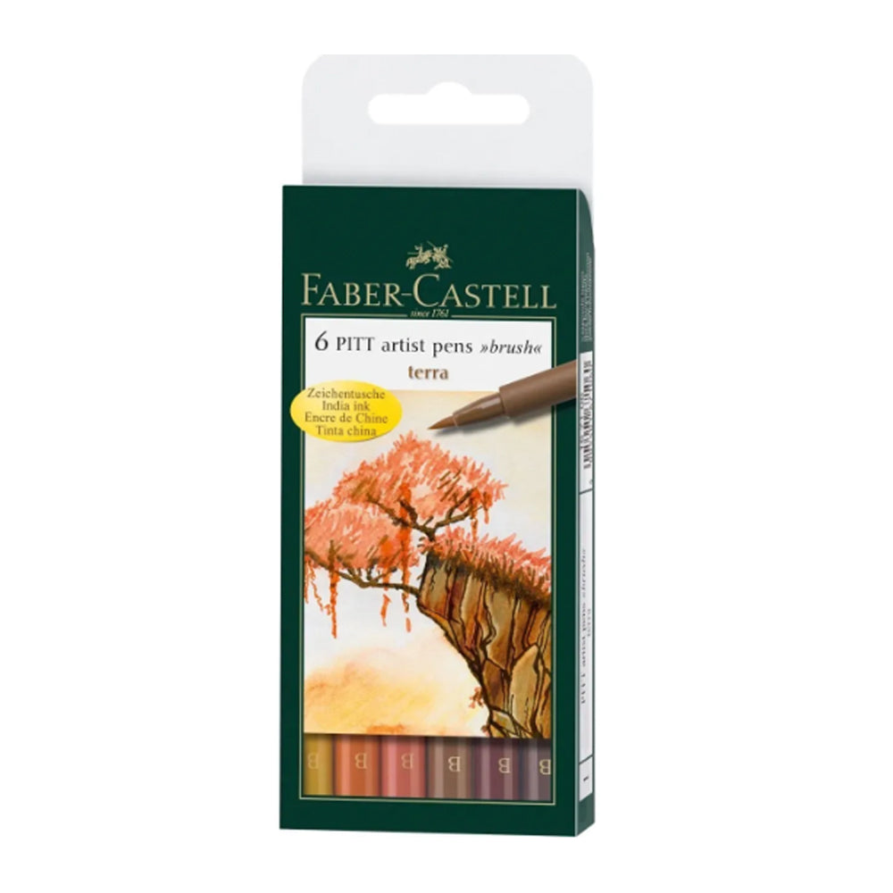 Faber-Castell Pitt Artist India Ink Terra teptukinių rašiklių piešimui rinkinys, 6 vnt., įvairių spalvų