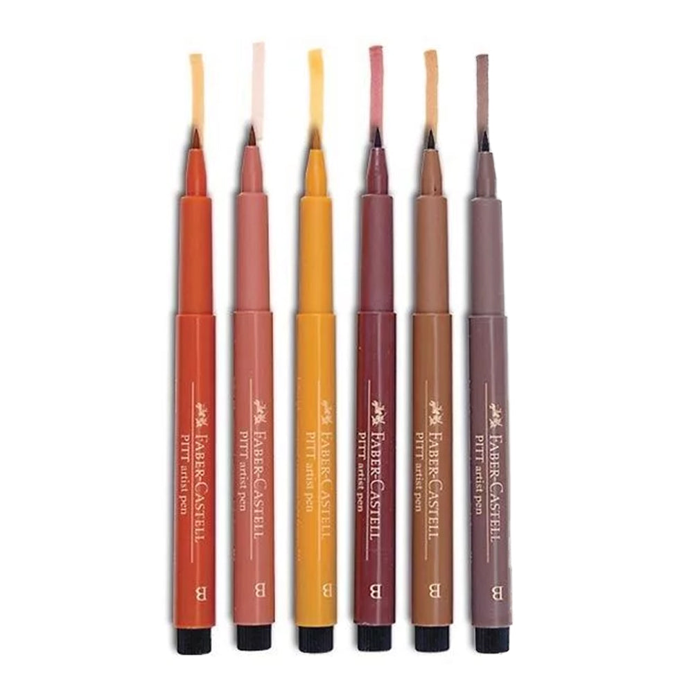 Faber-Castell Pitt Artist India Ink Terra teptukinių rašiklių piešimui rinkinys, 6 vnt., įvairių spalvų