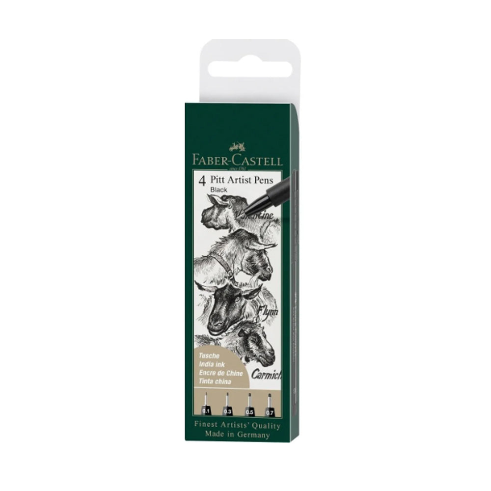 Faber-Castell Pitt Artist India Ink Pen Set, 4 pcs., Black, XS, S, F, M