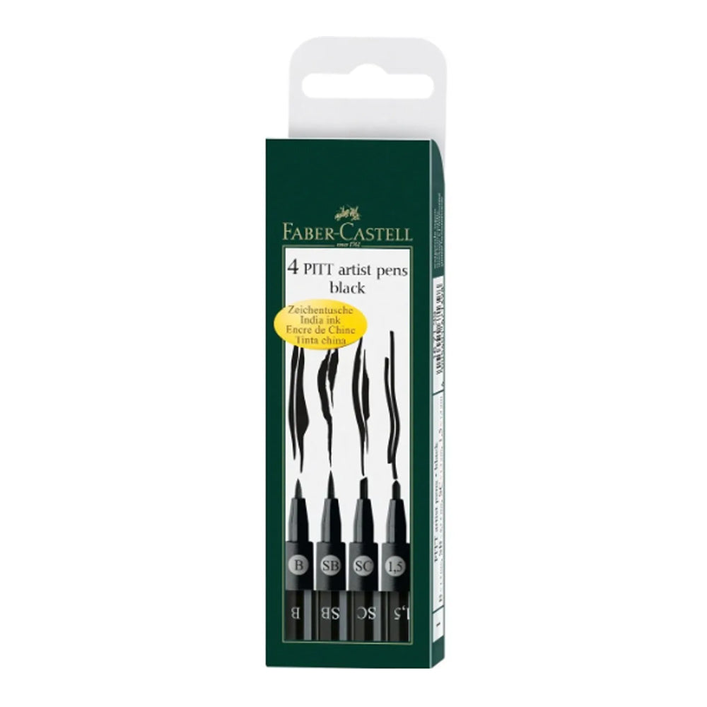 Faber-Castell Pitt Artist India Ink rašiklių rinkinys, 4 vnt., juodos spalvos, B, SB, SC, 1.5