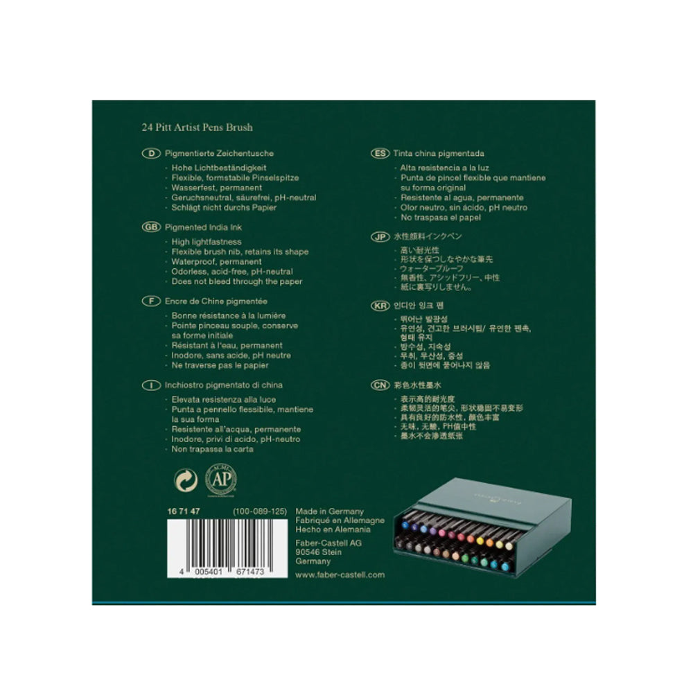 Faber-Castell Pitt Artist India Ink teptukinių rašiklių rinkinys, 24 vnt., įvairių spalvų