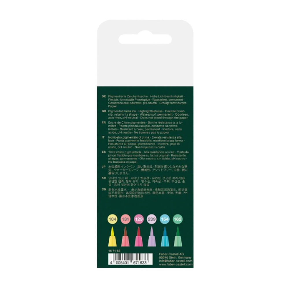 Faber-Castell Pitt Artist India Ink teptukinių rašiklių rinkinys, 6 vnt., įvairių pastelinių spalvų