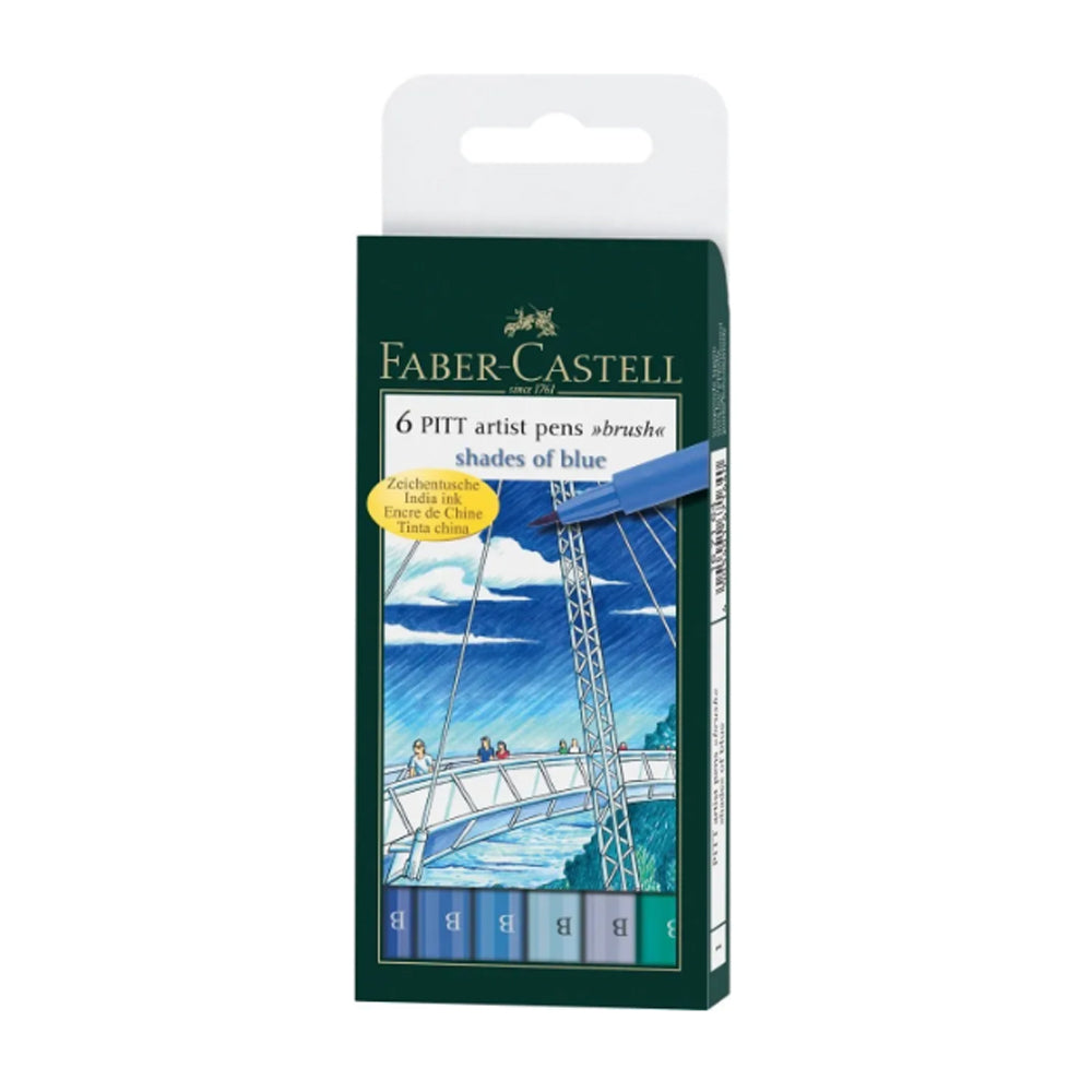 Faber-Castell Pitt Artist India Ink teptukinių rašiklių rinkinys, 6 vnt., įvairių mėlynų atspalvių