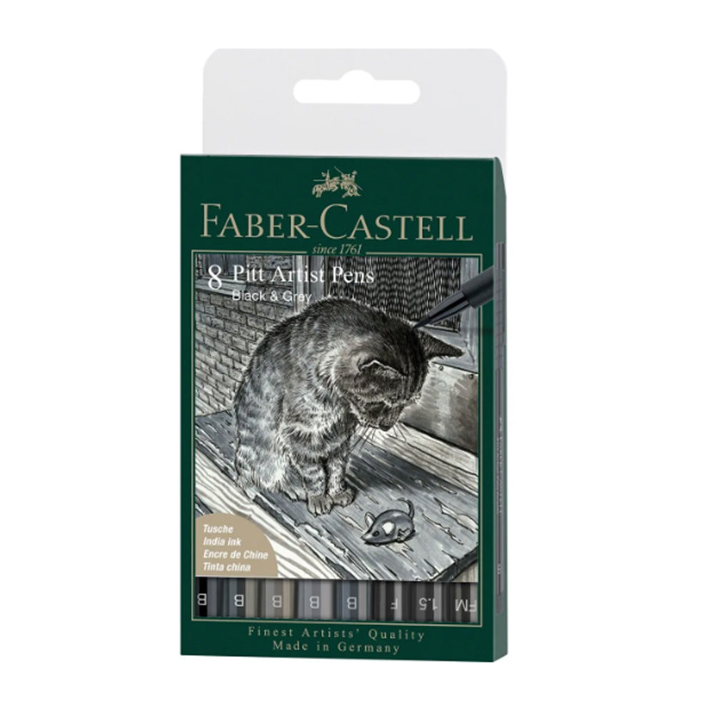 Faber-Castell Pitt Artist India Ink rašiklių rinkinys, 8 vnt., juodos ir pilkos atspalviai