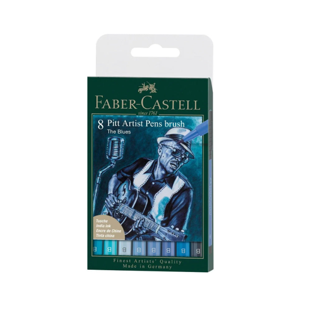 Faber-Castell Pitt Artist India Ink teptukinių rašiklių rinkinys, 8 vnt., The Blues
