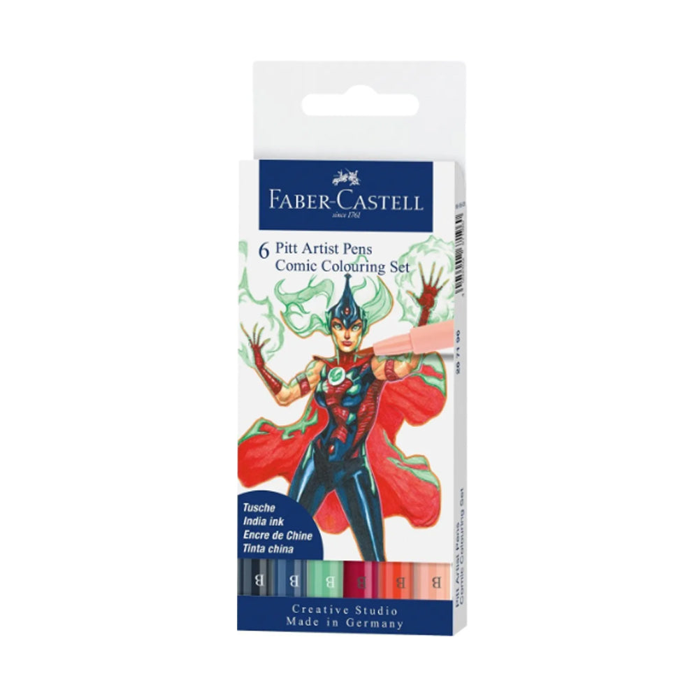Faber-Castell Pitt Artist India Ink teptukinių rašiklių rinkinys, 6 vnt., Comic Colouring