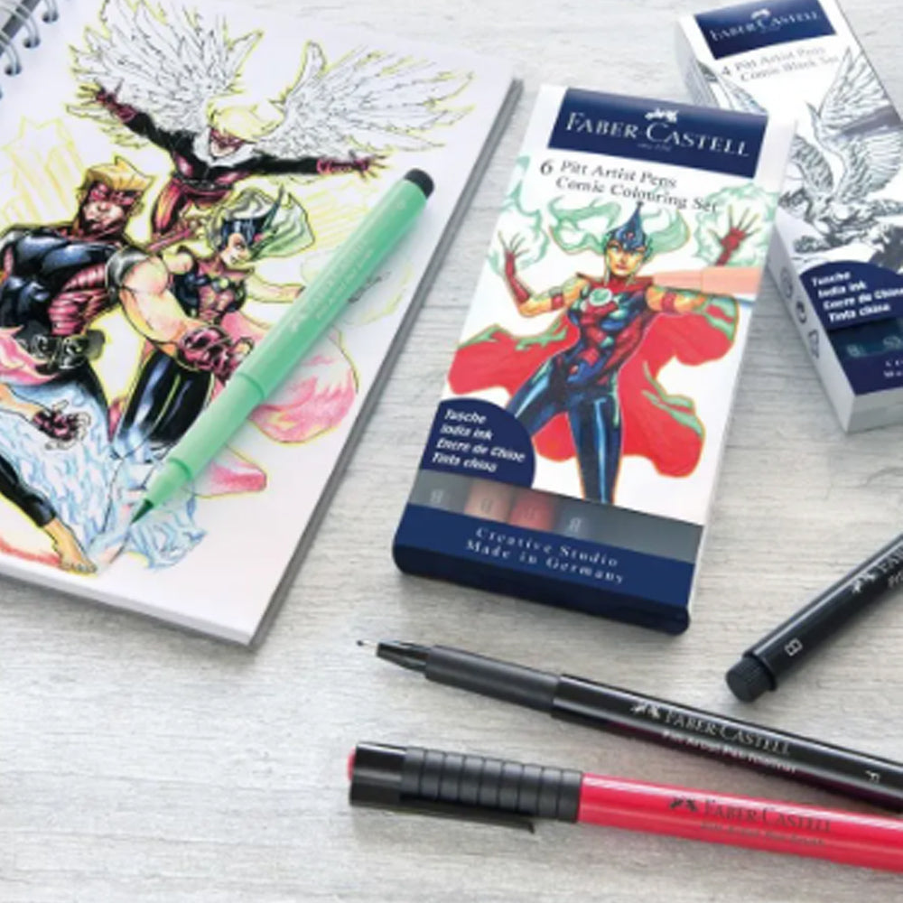 Faber-Castell Pitt Artist India Ink teptukinių rašiklių rinkinys, 6 vnt., Comic Colouring