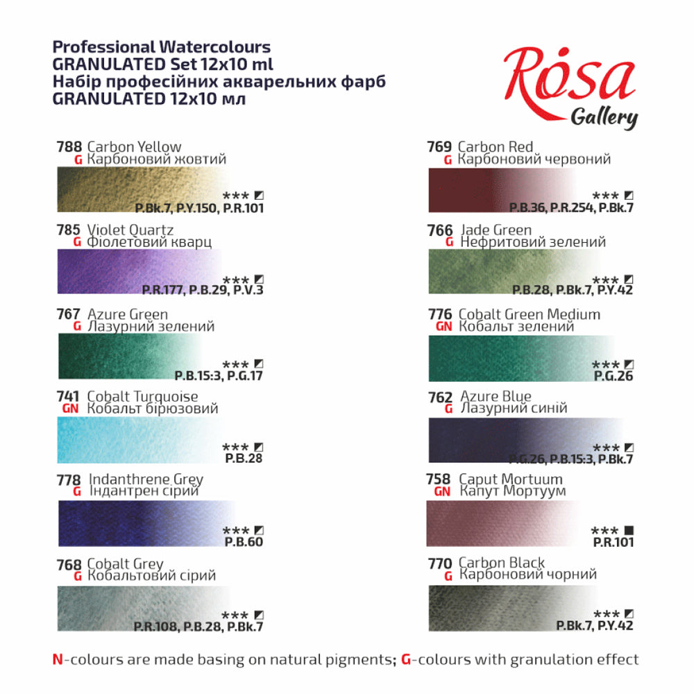 ROSA Gallery Watercolour Cardboard Set - Granulation, 12x10 ml