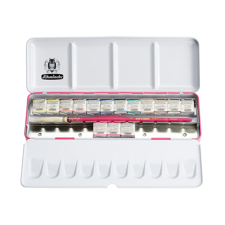 Schmincke Horadam Pretty Pink Watercolor Set in a Metal Box, 15 Colours, Half-Pan + Brush